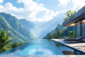 A pool in front of a mountain range photo