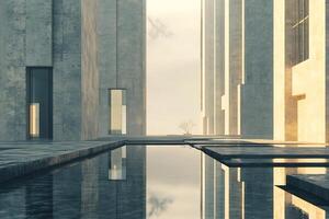 A pool in a concrete building with a reflection of the sky photo