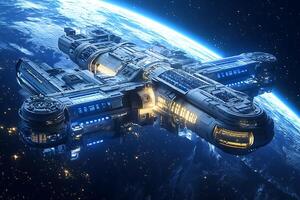 An alien spaceship is flying over the earth photo