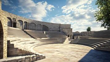 An ancient theater with stone seats and a tree photo