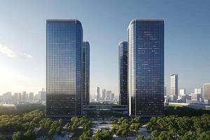 Two tall buildings with trees in front of them photo