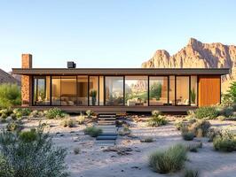A modern house in the desert with mountains in the background photo