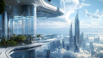 A futuristic city with a view of the clouds photo