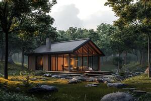 A cabin in the woods with a view of the mountains photo