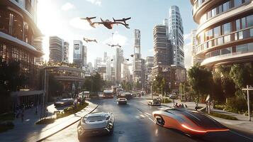 A futuristic city with cars and flying drones photo