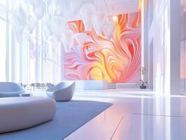 A modern lobby with large abstract art photo