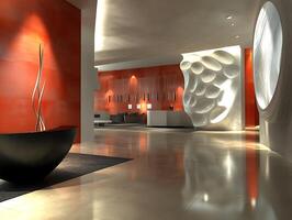 A modern looking lobby with a large black bowl photo