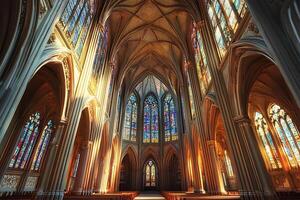 A cathedral with a lot of windows and a lot of pews photo
