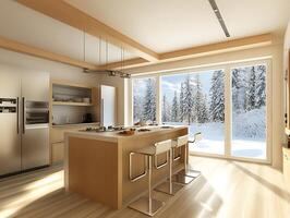 A kitchen with a large island and a view of the snow covered mountains photo