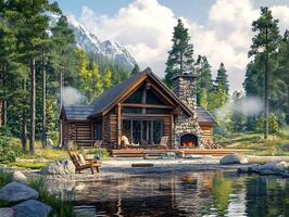 A log cabin in the mountains with a lake and rocks photo