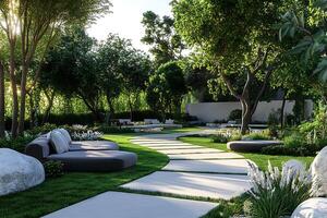 A garden with a pathway and a couch photo