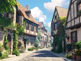 A street with a cobblestone path and a few houses photo