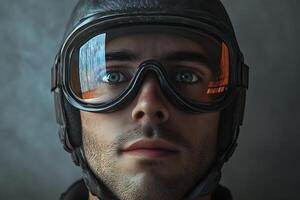 A man wearing goggles and a helmet photo
