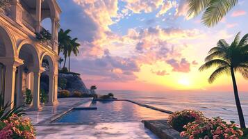 A tropical house with a pool and palm trees photo
