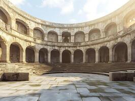An empty roman amphitheater with stone steps photo