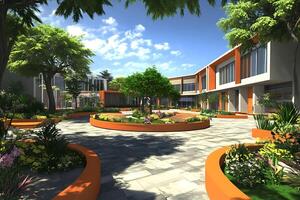 A courtyard with plants and trees in front of a building photo