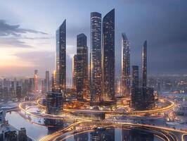 A city with many tall buildings and lights photo