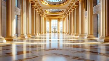 A long hallway with columns and marble floors photo