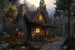 A small cabin in the woods with a stone path photo