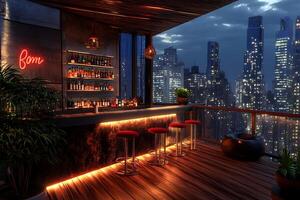 A bar with stools and a neon sign on it photo