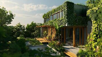 A house with a green roof and plants growing on it photo