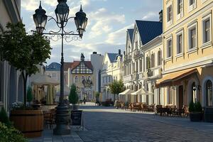 A street with a lamp post and tables and chairs photo