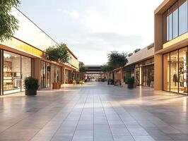 A shopping mall with a walkway and trees photo