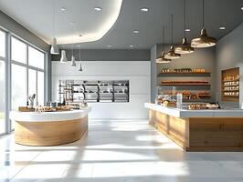 A modern bakery with a counter and counter photo