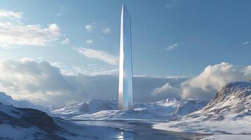 A tall tower in the middle of a snowy mountain photo