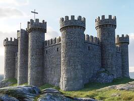 A castle is shown in a 3d rendering photo