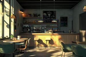 A coffee shop with tables and chairs photo