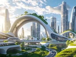 Futuristic city with futuristic architecture and futuristic buildings photo