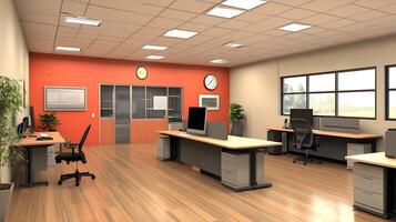A large open office with desks and computers photo
