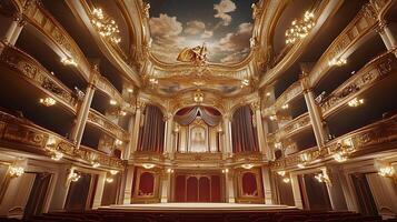 A theater with a large stage and a ceiling with a sky photo