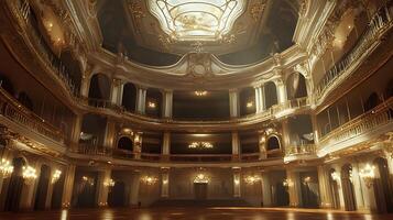 A large ornate room with a ceiling and chandelier photo