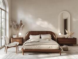 A bedroom with a bed, nightstands and mirror photo