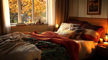 A bed with a blanket and a lamp next to it photo