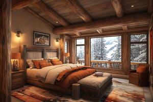 A bedroom with a rustic look and a view of the mountains photo