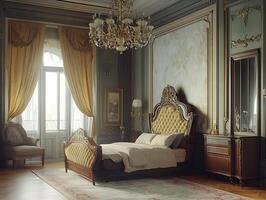 A bedroom with a chandelier and a bed photo