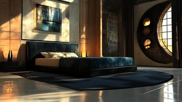 A bedroom with a bed and a window photo