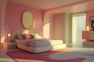 A pink bedroom with a large bed and a mirror photo