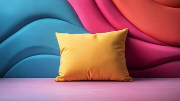 Yellow pillow resting on pink surface with colorful wavy background photo