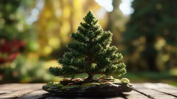 A small bonsai tree is sitting on top of a table photo