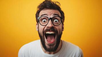 A man with glasses and a beard is making a surprised face photo