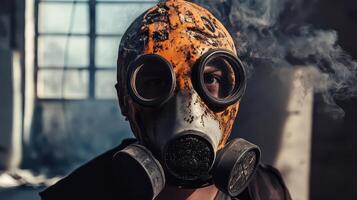 A man wearing a gas mask in an abandoned building photo
