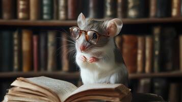 A mouse wearing glasses sits on top of an open book photo