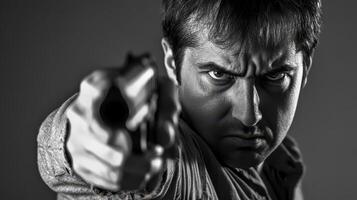 A man pointing a gun at the camera photo