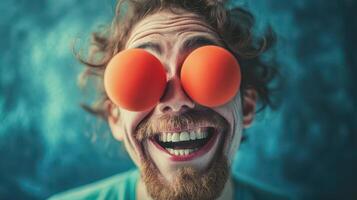 A man with two orange balloons on his face photo