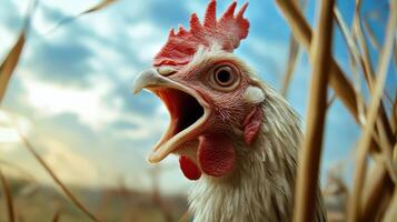A close up of a chicken with its mouth open photo