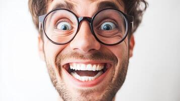 A man with big glasses and a big smile photo